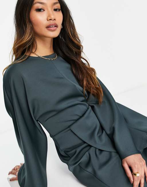 ASOS DESIGN front twist maxi dress with fluted sleeve in forest green