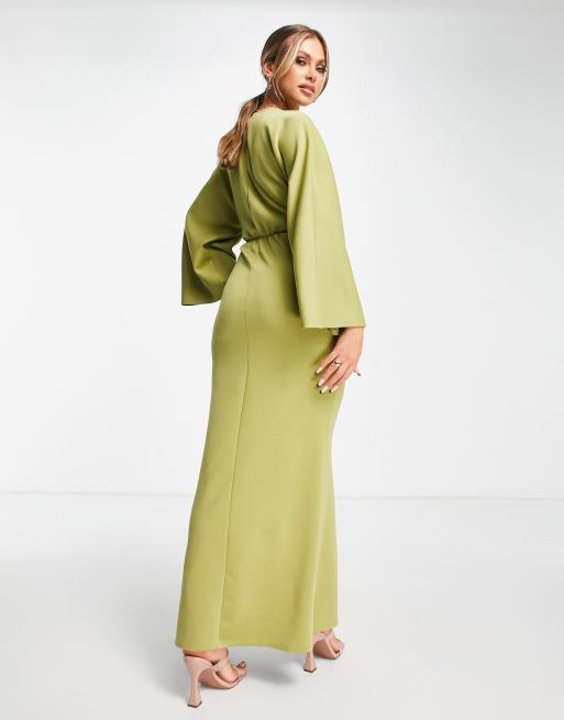 ASOS DESIGN front twist maxi dress with fluted sleeve in olive green