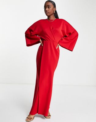ASOS DESIGN front twist maxi dress with fluted sleeve in red | ASOS