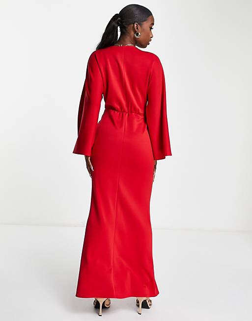 Women front twist maxi dress with fluted sleeve in red 