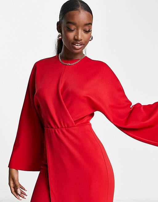 Women front twist maxi dress with fluted sleeve in red 