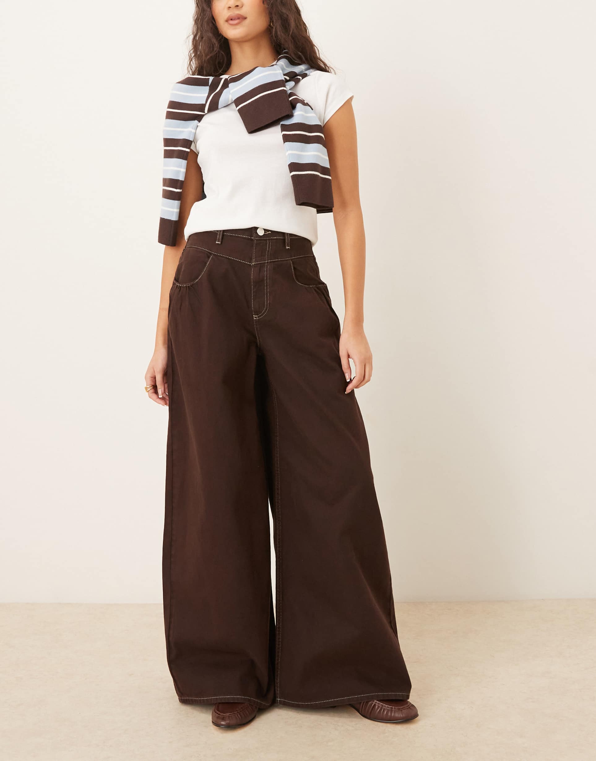 asos design front yoke wide leg jeans in brown