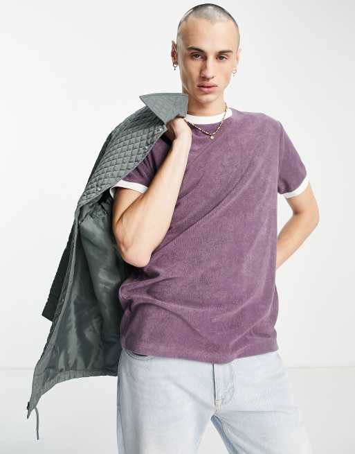 ASOS DESIGN – Frottee-T-Shirt in Lila mit Ausschnitt und Bündchen in Kontrastoptik