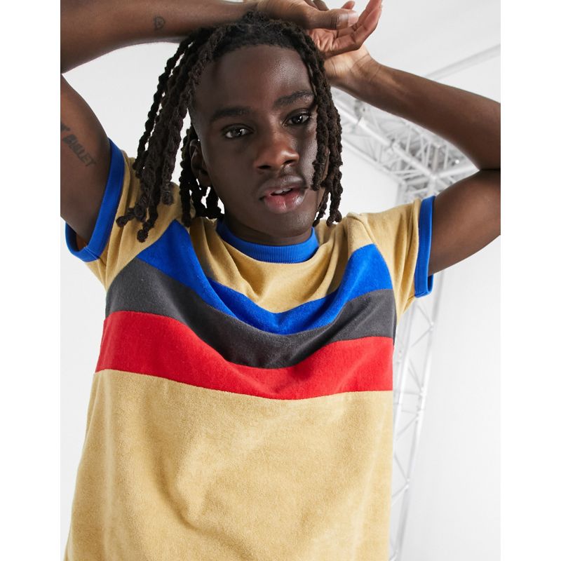 DESIGN – Frottee-T-Shirt mit Farbblockdesign in Braun