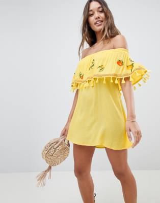 ASOS DESIGN Fruit Embroidered Bandeau Beach Dress-Yellow