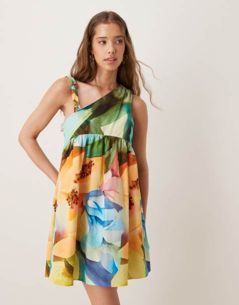 ASOS DESIGN – Fruktmönstrad miniklänning med asymmetrisk design och tvinnade axelband - view 1