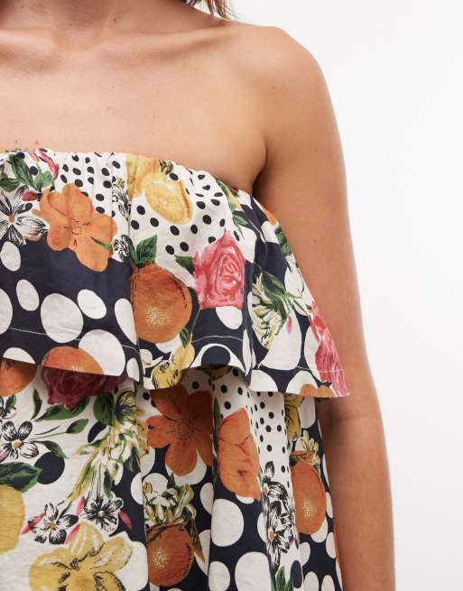 ASOS DESIGN – Fruktmönstrad miniklänning med bandeau-ringning och volanger, 4 av 7