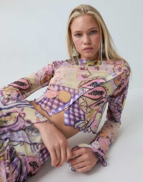ASOS DESIGN – Fruktmönstrad topp i mesh med utställda ärmar och knäppning, del av set - view 1