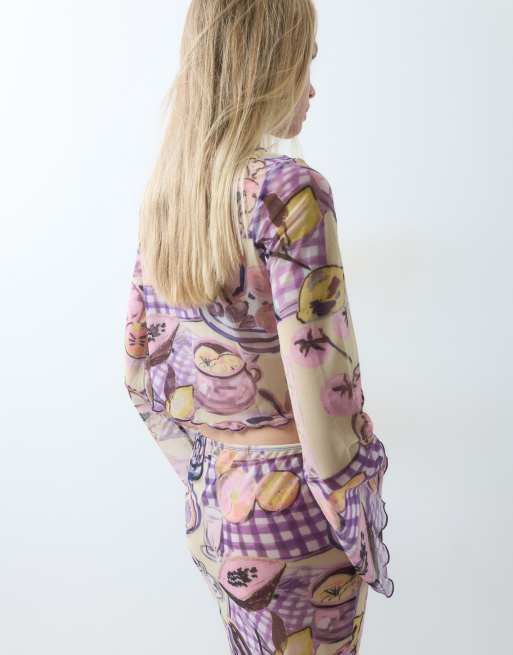ASOS DESIGN – Fruktmönstrad topp i mesh med utställda ärmar och knäppning, del av set, 2 av 5