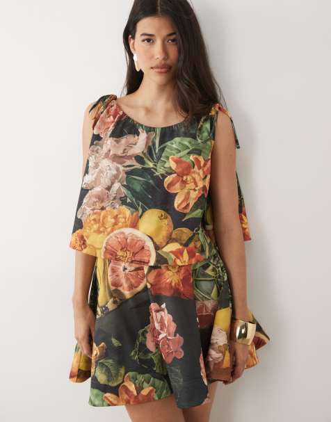 ASOS DESIGN – Fruktmönstrat, a-linjeformat set med topp i bundet material - view 1