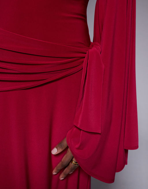 ASOS DESIGN - Fuchsia-lyserød maxikjole med overdrevne flagermusærmer og indsyet talje, 2 af 4
