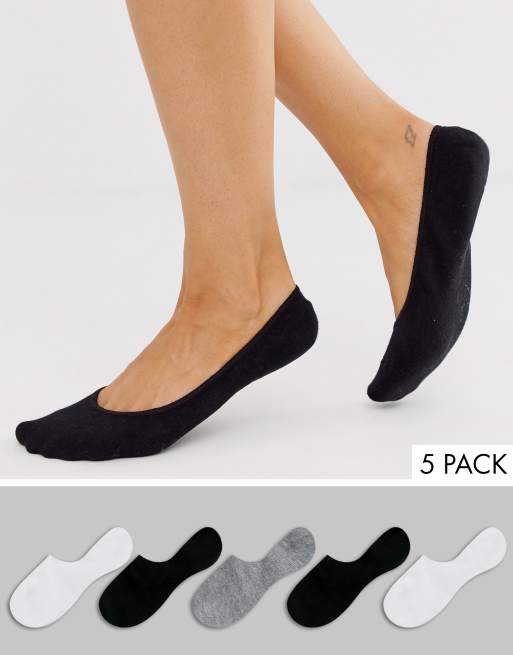 ASOS DESIGN – Füßlinge mit Anti-Rutsch-Band hinten im 5er-Pack in Schwarz, Weiß und Grau