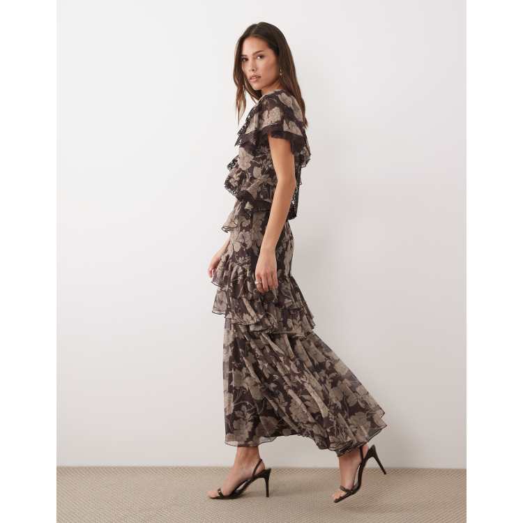 meadow formal open back ruffle dress ASOS DESIGN full hem with trim detailing and in brown floral Supplier_C&Q