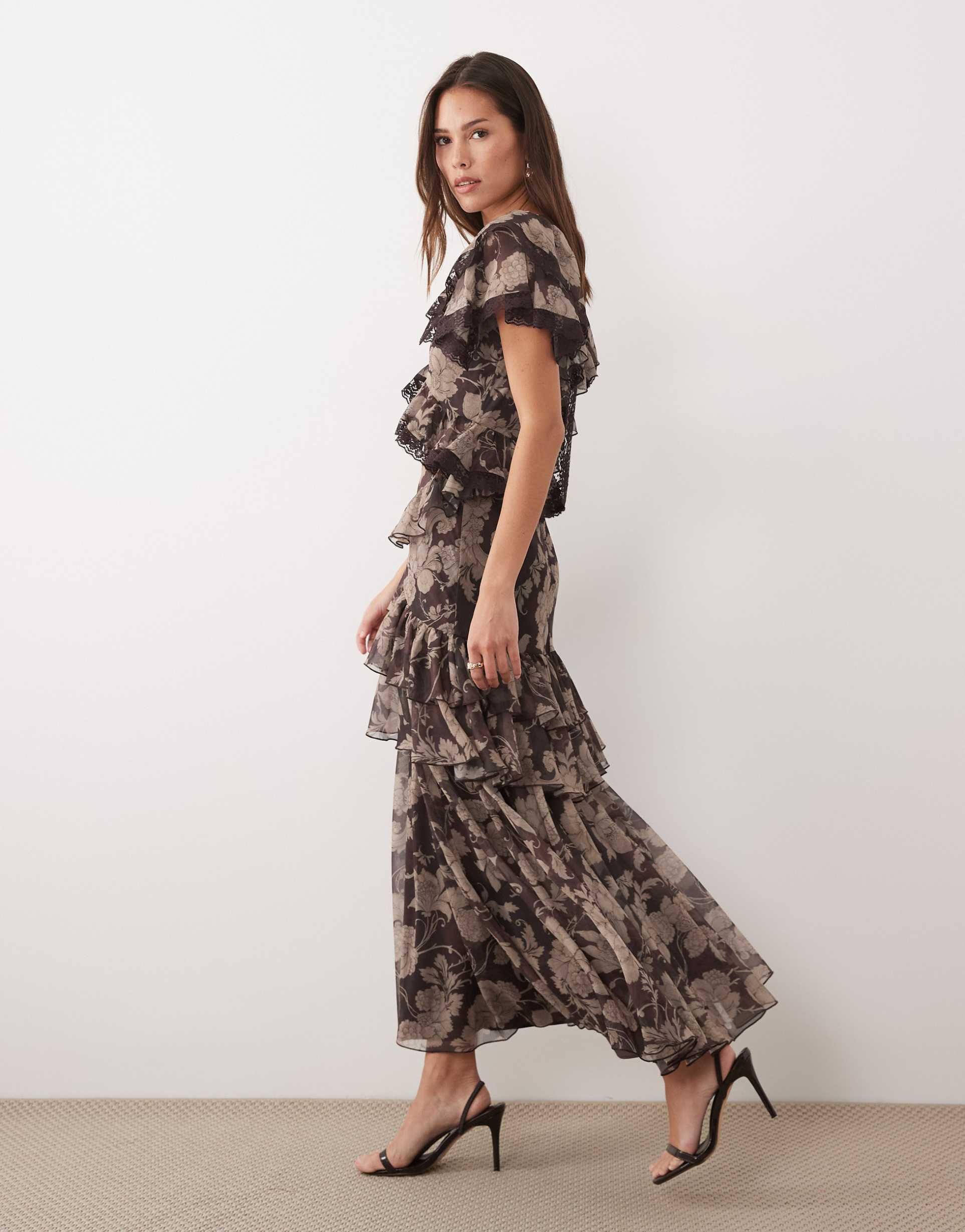asos design full hem ruffle dress with trim detailing and open back in brown floral