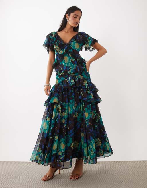 ASOS DESIGN full hem ruffle maxi dress with trim detail and open back in black floral, 2 of 4