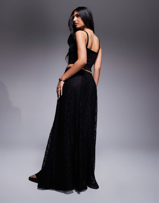ASOS DESIGN full lace godet maxi skirt in black, 3 of 5