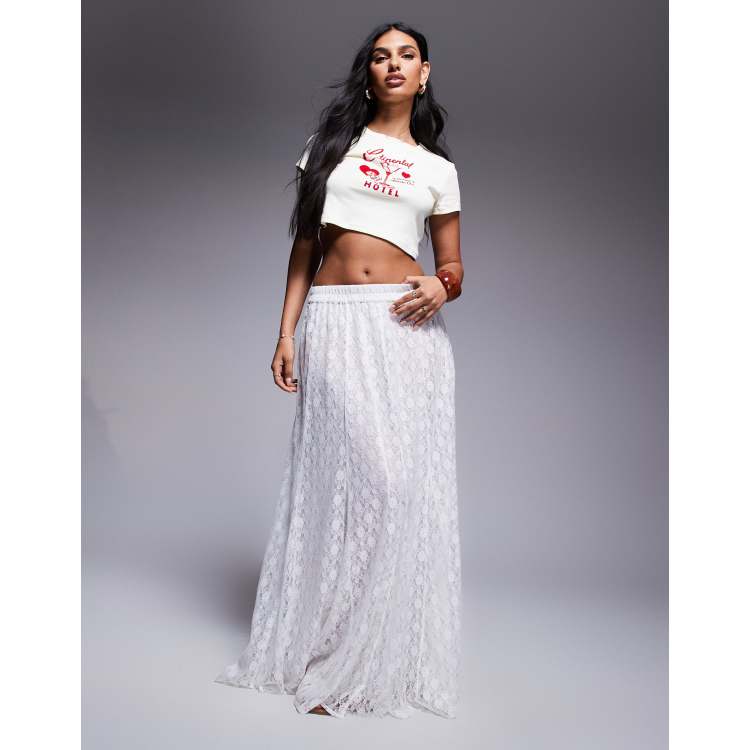 ASOS DESIGN full lace godet maxi skirt in ivory | ASOS