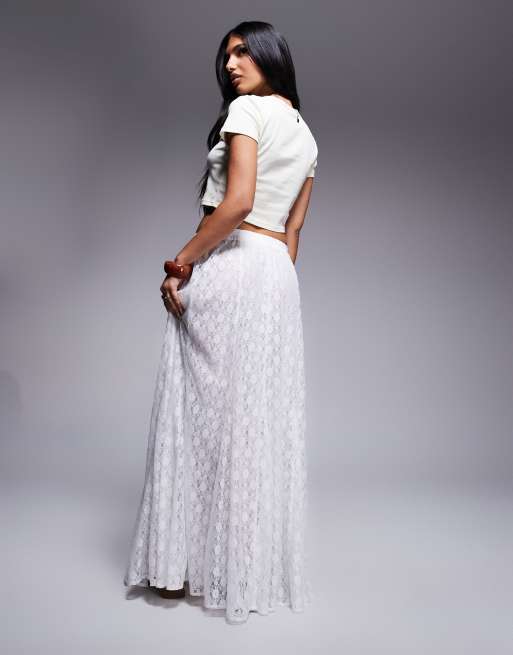 ASOS DESIGN full lace godet maxi skirt in ivory, 3 of 5