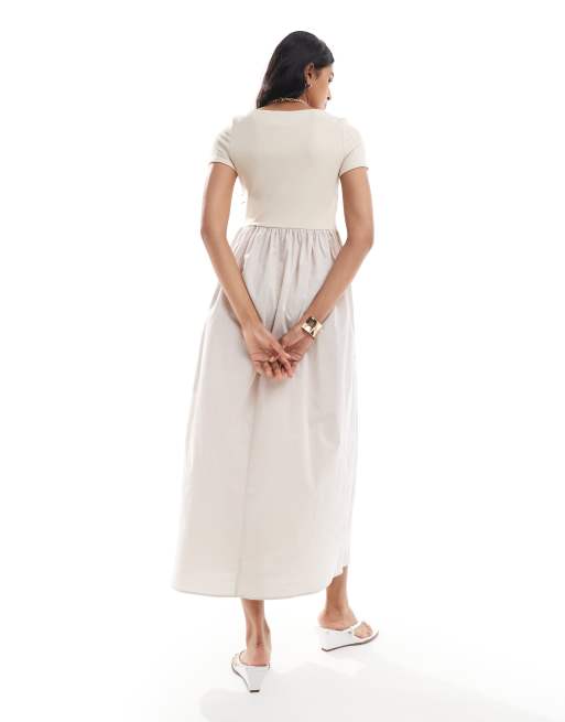 ASOS DESIGN full midi dress with ribbed bodice in stone, 3 of 4