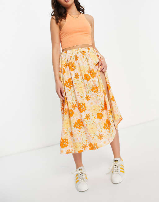 ASOS DESIGN full midi skirt in 70s orange floral print