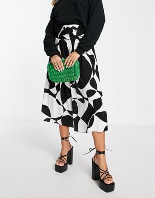 ASOS DESIGN full midi skirt with button waist detail in mono abstract print