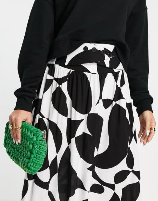 ASOS DESIGN full midi skirt with button waist detail in mono abstract print