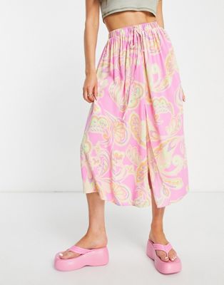 ASOS DESIGN full midi skirt with elasticated waist in bright paisley print