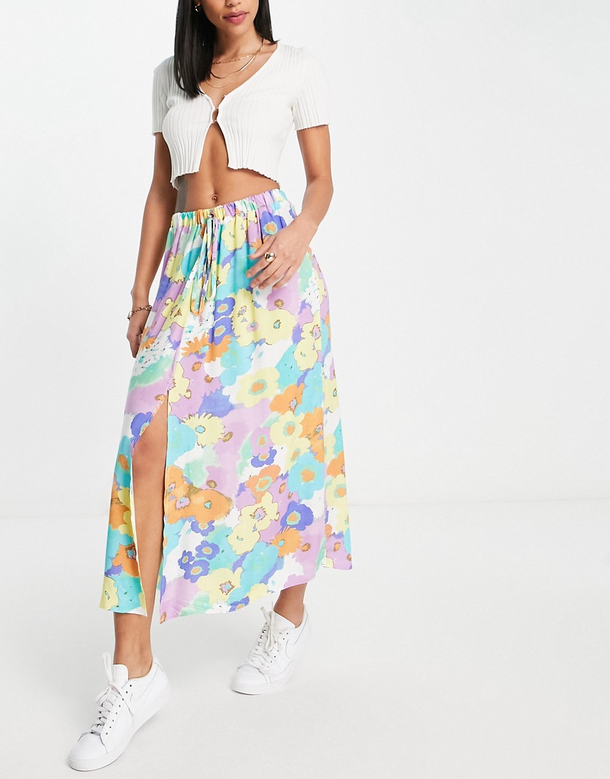 ASOS DESIGN full midi skirt with elasticated waist in white based bright floral print-Multi