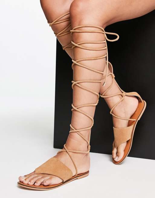 ASOS DESIGN - Full Moon - Suède kniehoge gladiatorsandalen in bruin