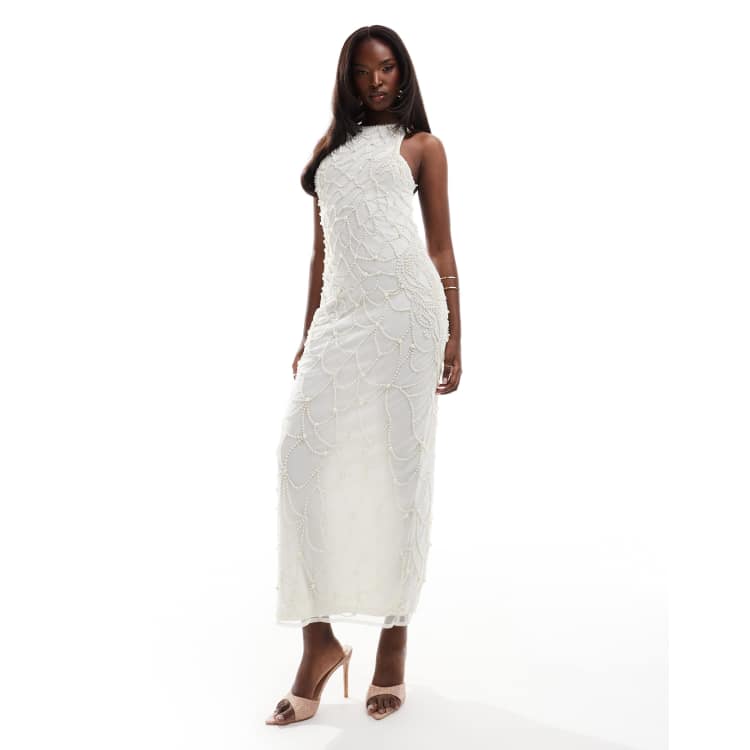 ASOS DESIGN full pearl embellished halter neck midi dress