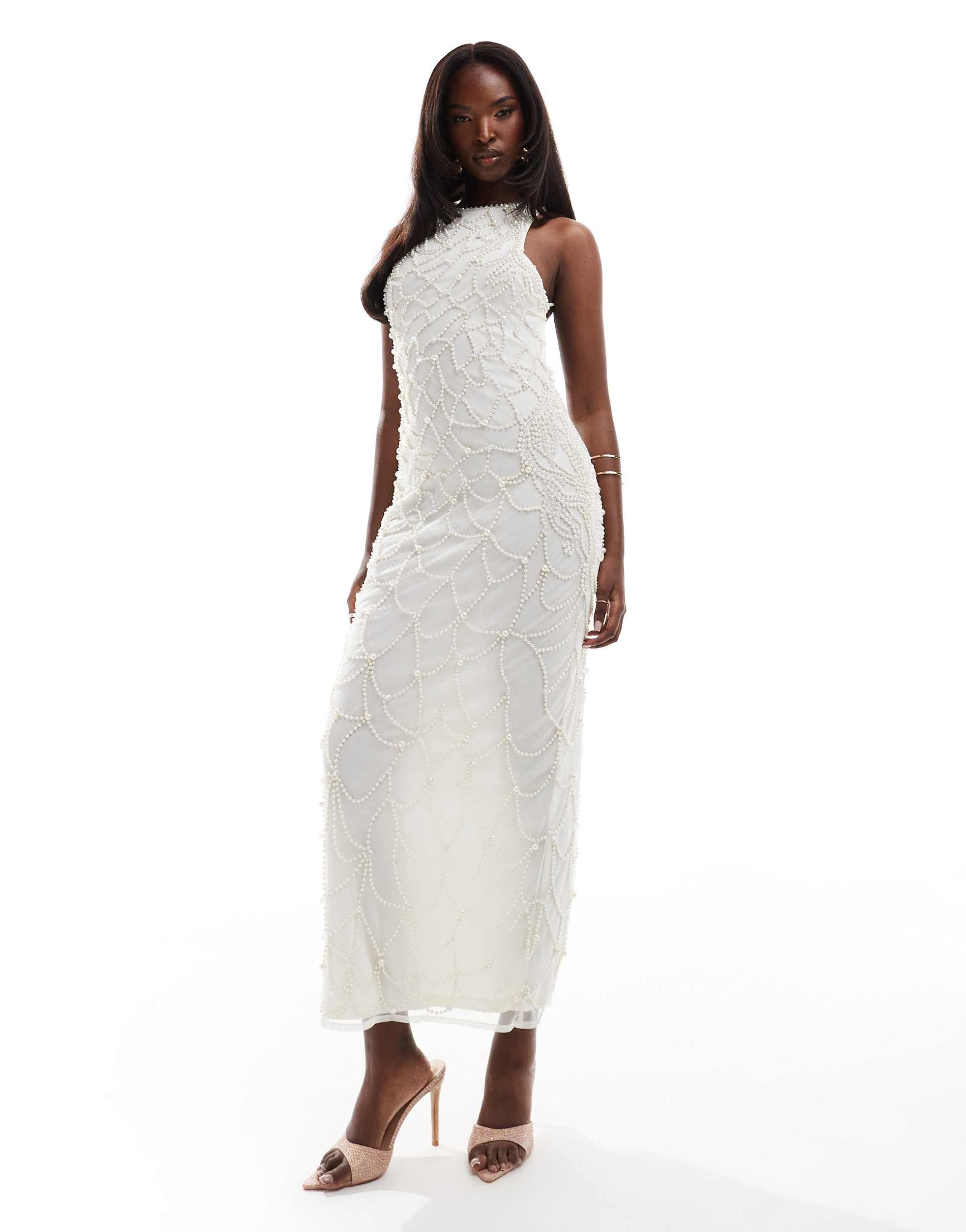 asos design full pearl embellished halter neck midi dress with draped pearl straps in ivory