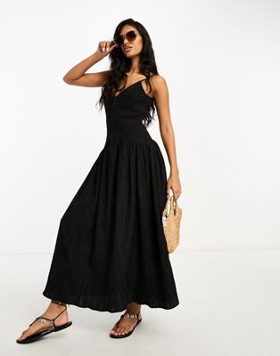 ASOS DESIGN full skirt midi crinkle sundress in black | ASOS