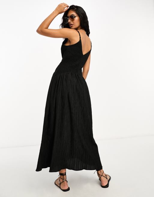 ASOS DESIGN crinkle wrap midi sundress with buckle in black