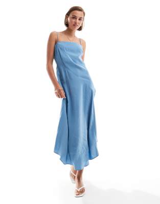 Asos Design Full Skirt Midi Slip Dress In Petrol Blue