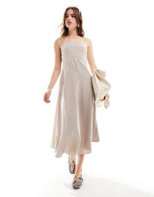 Shop Asos Design Full Skirt Midi Slip Dress In Neutral