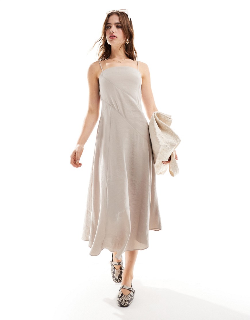 Asos Design Full Skirt Midi Slip Dress In Stone-neutral
