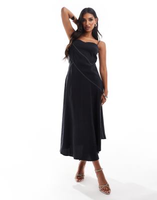 Asos Design Full Skirt Slip Dress In Black With Contrast Stitch