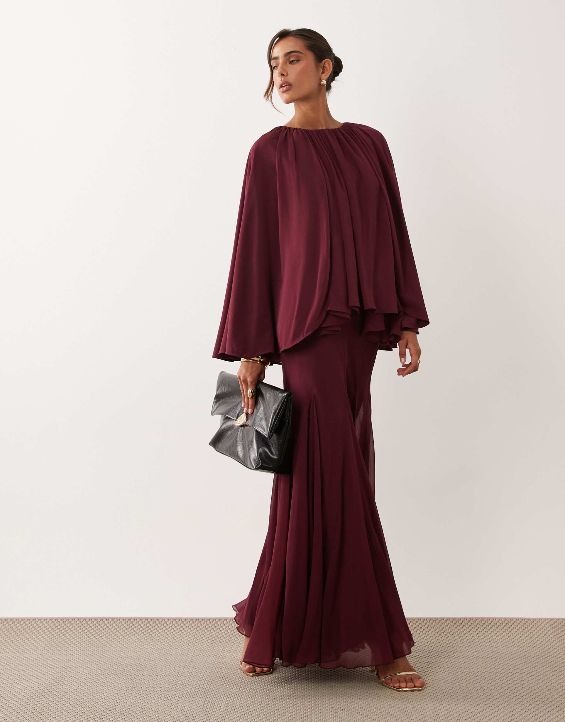 asos design full volume cape maxi dress with godets in berry