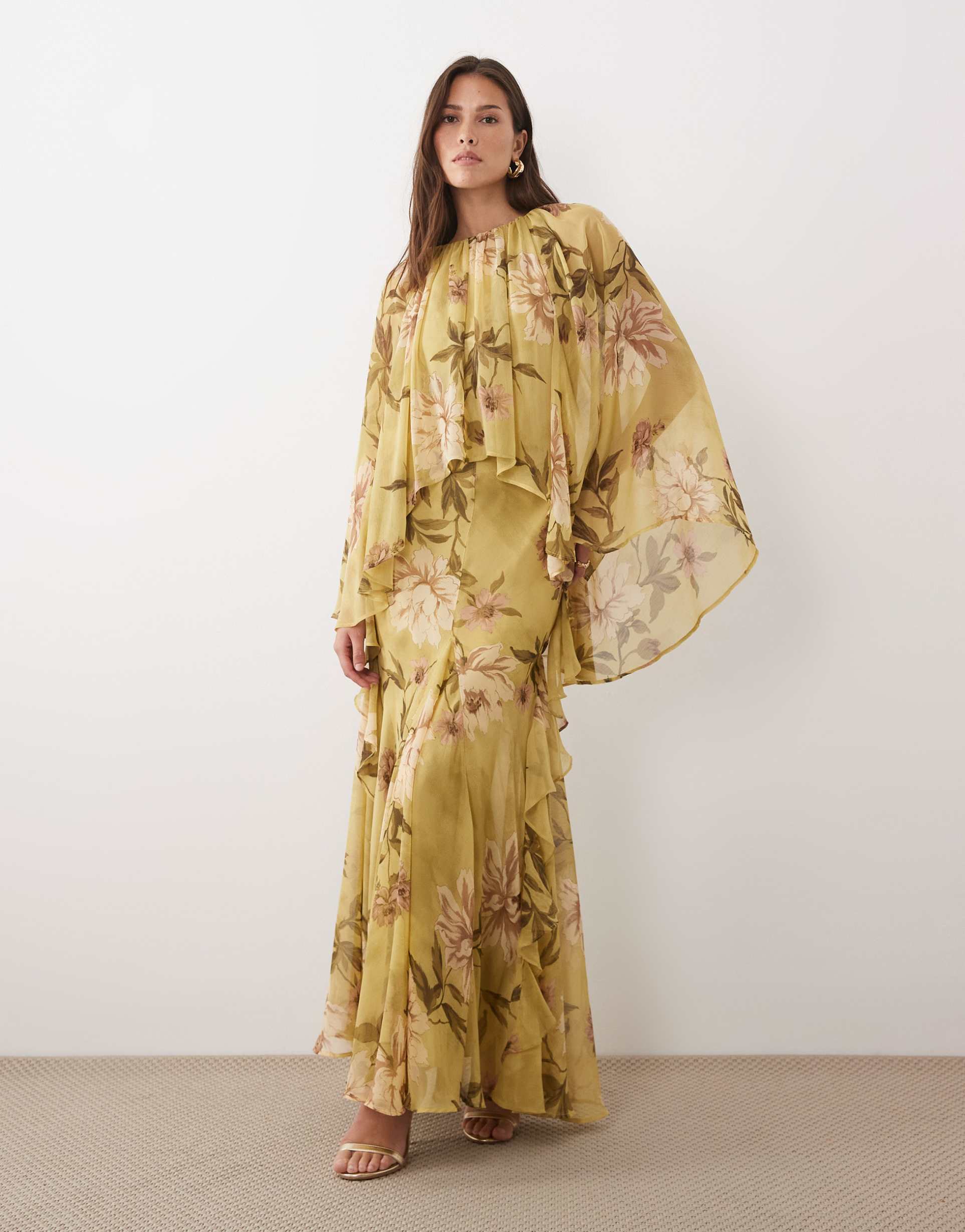 asos design full volume cape sleeve maxi dress with godets in green floral print