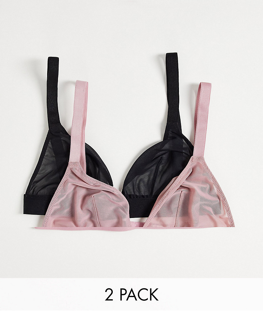 ASOS DESIGN Fuller Bust 2 pack mesh triangle bra in black & pink-Multi