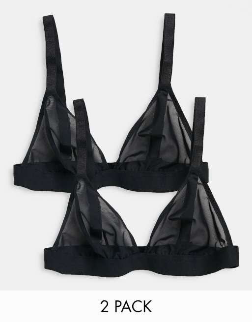 ASOS DESIGN Fuller Bust 2 pack mesh triangle bralettes in black