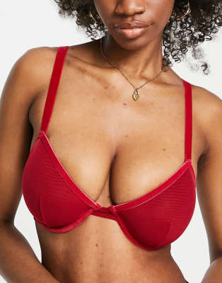 ASOS DESIGN Fuller Bust Alaia mesh and velvet trim underwire bra in burgundy-Red