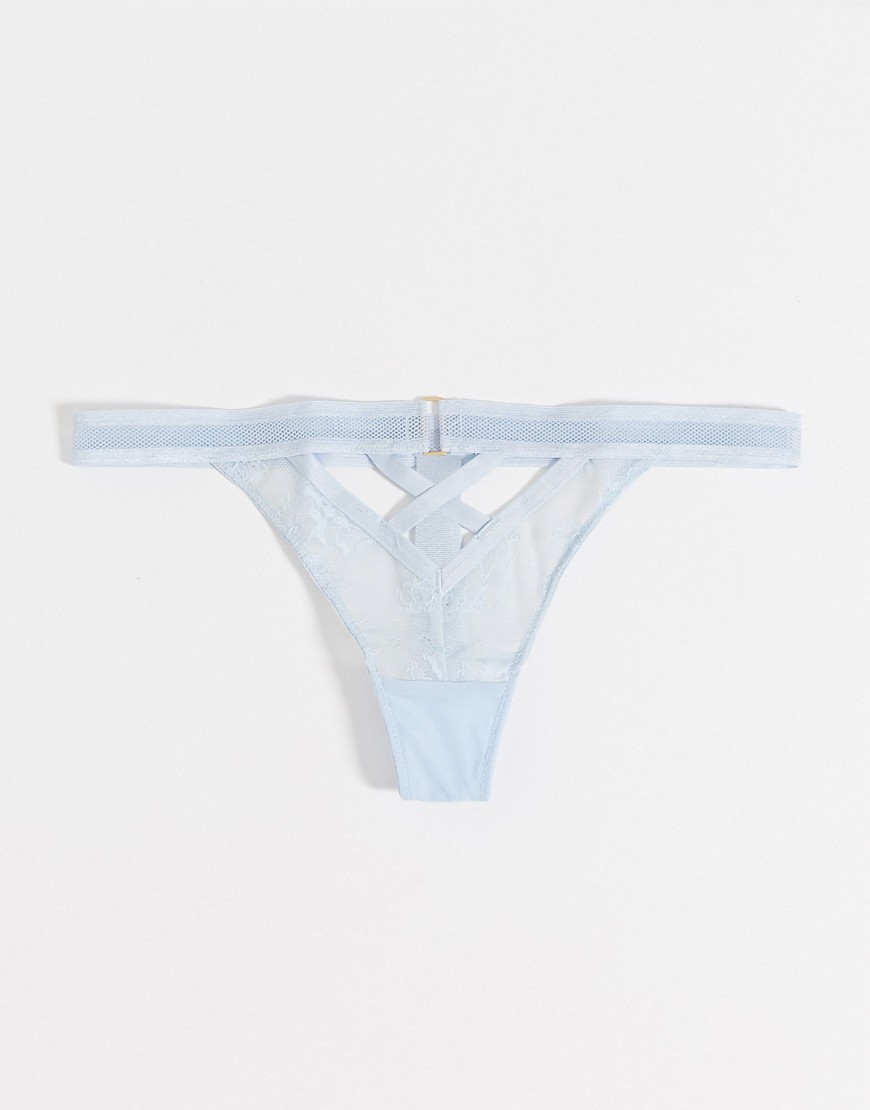 ASOS DESIGN Fuller Bust Alexa strappy thong with lace & textured elastic-Blue