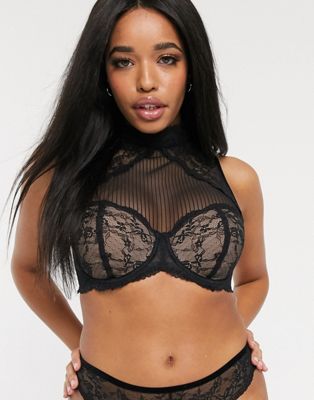 ASOS DESIGN Alicia high neck padded underwire bra with lace & stripe mesh