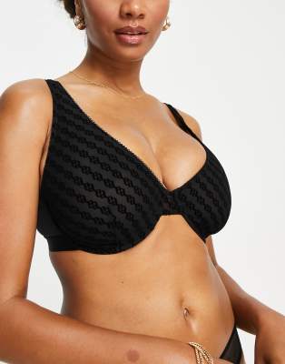 ASOS DESIGN Fuller Bust Amelia mesh monogram flocked underwire bra in black - ASOS Price Checker