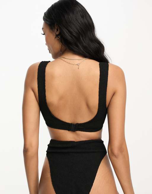 ASOS DESIGN Fuller Bust Amy mix and match crinkle skinny scoop crop bikini top in black, 3 of 4