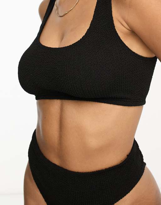 ASOS DESIGN Fuller Bust Amy mix and match crinkle skinny scoop crop bikini top in black, 4 of 4