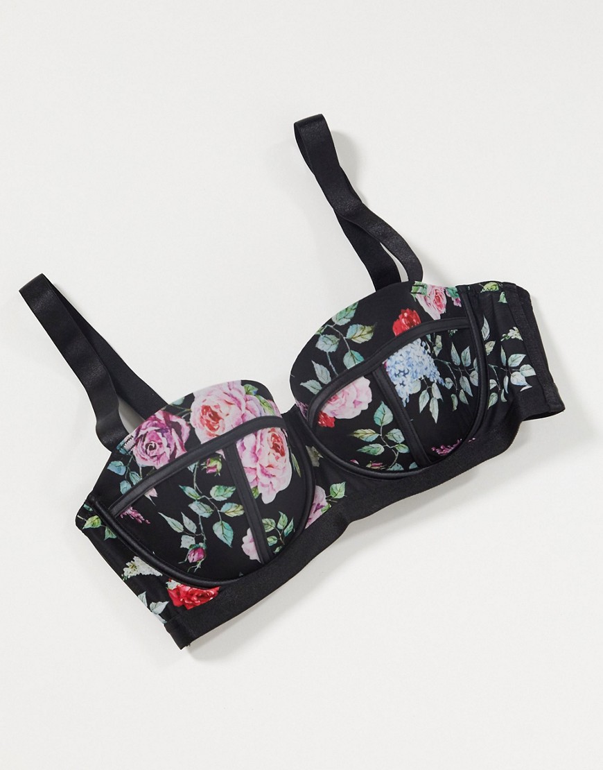 ASOS DESIGN Fuller Bust Audra floral print padded longline underwire bra with stapping-Black