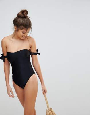 ASOS DESIGN FULLER BUST Bardot Bunny Tie Swimsuit-Black