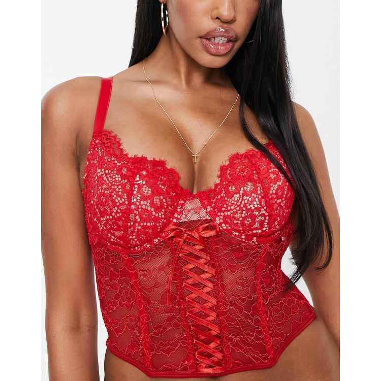 ASOS DESIGN Fuller Bust Beaux lace-up lace corset in red | ASOS